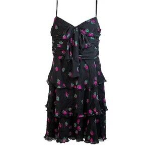 Aeffe Black Ruffle Tiered Strawberry Spaghetti Strap Bow Tie Dress Size 14